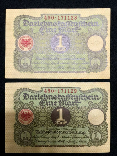 Germany 2 One Mark 1920 Bill - Uncirculated - Consecutive Numbers - Collectors Couch