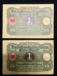 Germany 2 One Mark 1920 Bill - Uncirculated - Consecutive Numbers