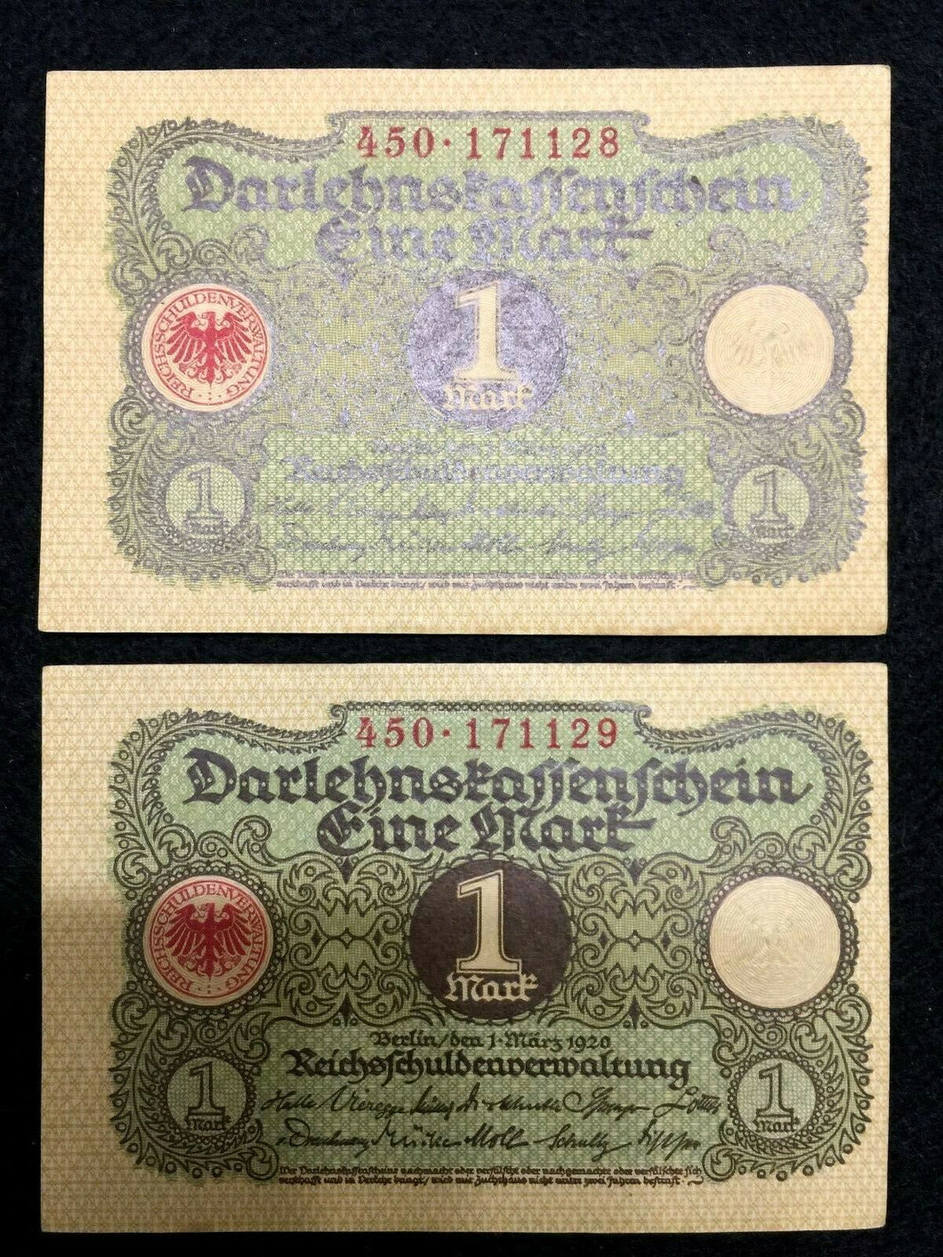 Germany 2 One Mark 1920 Bill - Uncirculated - Consecutive Numbers