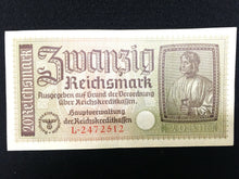 Load image into Gallery viewer, German Rare WW2 20 Mark Bill &amp; German 50 Pf Coin with UNC Stamps