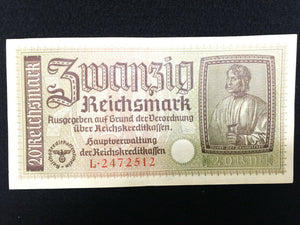 German Rare WW2 20 Mark Bill & German 50 Pf Coin with UNC Stamps