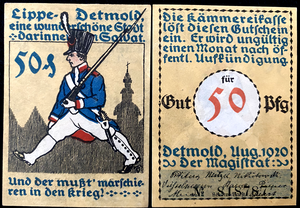 Germany Detmold 50 Pfennig 1920 Banknote - 102 Years Old