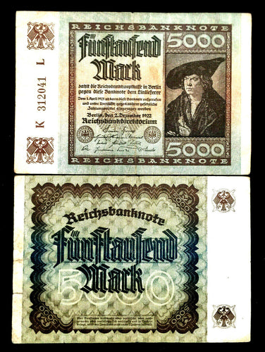 Germany 5000 Reichsbanknote 1922 Banknote World Paper Money Currency Circulated - Collectors Couch