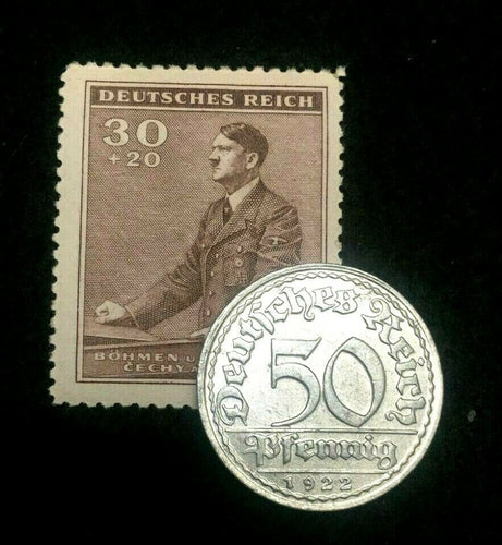 Rare Antique German 50 Pfenning 1920s Coin & UNC Stamp World War 2 & 1 Artifacts