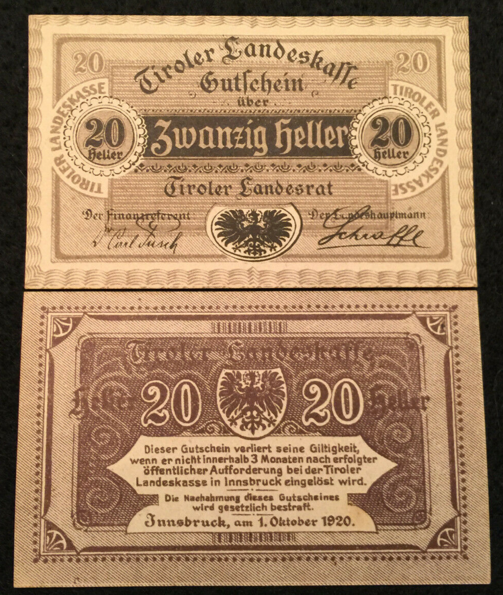 Austria 20 Heller 1920 P-143 World Paper Money UNC - 100 Yrs Old