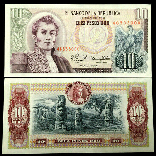 Colombia 10 Peso 1980 Banknote World Paper Money UNC Currency Bill Note - Collectors Couch