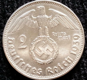 German WWII 2 Reichsmark SILVER Genuine Coin Historical WW2 Artifact