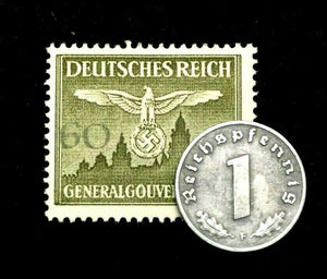 Rare Old WWII German War 1 Reichspfennig Coin & Stamp World War 2 Artifacts