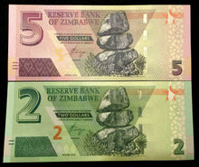 Load image into Gallery viewer, Zimbabwe 2 and 5 Dollars 2019 Dollar Bills Banknotes Paper Money World Currency