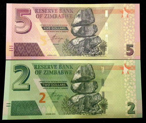 Zimbabwe 2 and 5 Dollars 2019 Dollar Bills Banknotes Paper Money World Currency - Collectors Couch