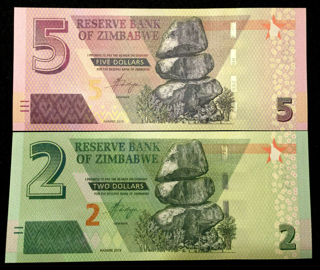 Zimbabwe 2 and 5 Dollars 2019 Dollar Bills Banknotes Paper Money World Currency