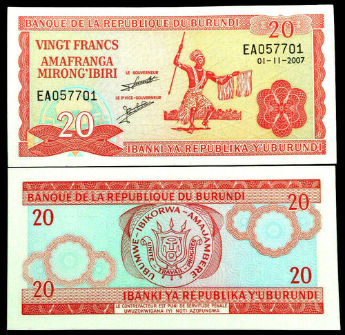 Burundi 20 Francs Banknote World Paper Money UNC Currency Bill Note - Collectors Couch