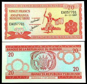 Burundi 20 Francs Banknote World Paper Money UNC Currency Bill Note - Collectors Couch