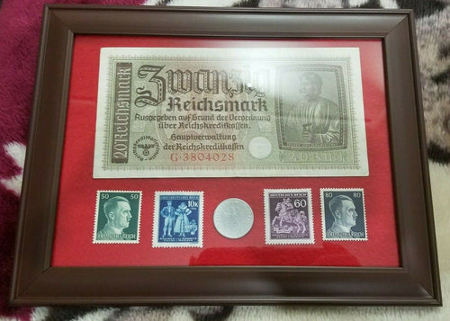 German Rare WW2 20 Mark Bill & German 50 Pf Coin with UNC Stamps - Collectors Couch