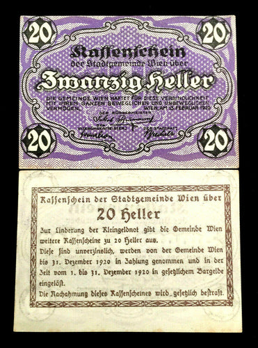 Austria 20 Heller 1920 Regional Issue Vienna World Paper Money UNC - 100 Yrs Old