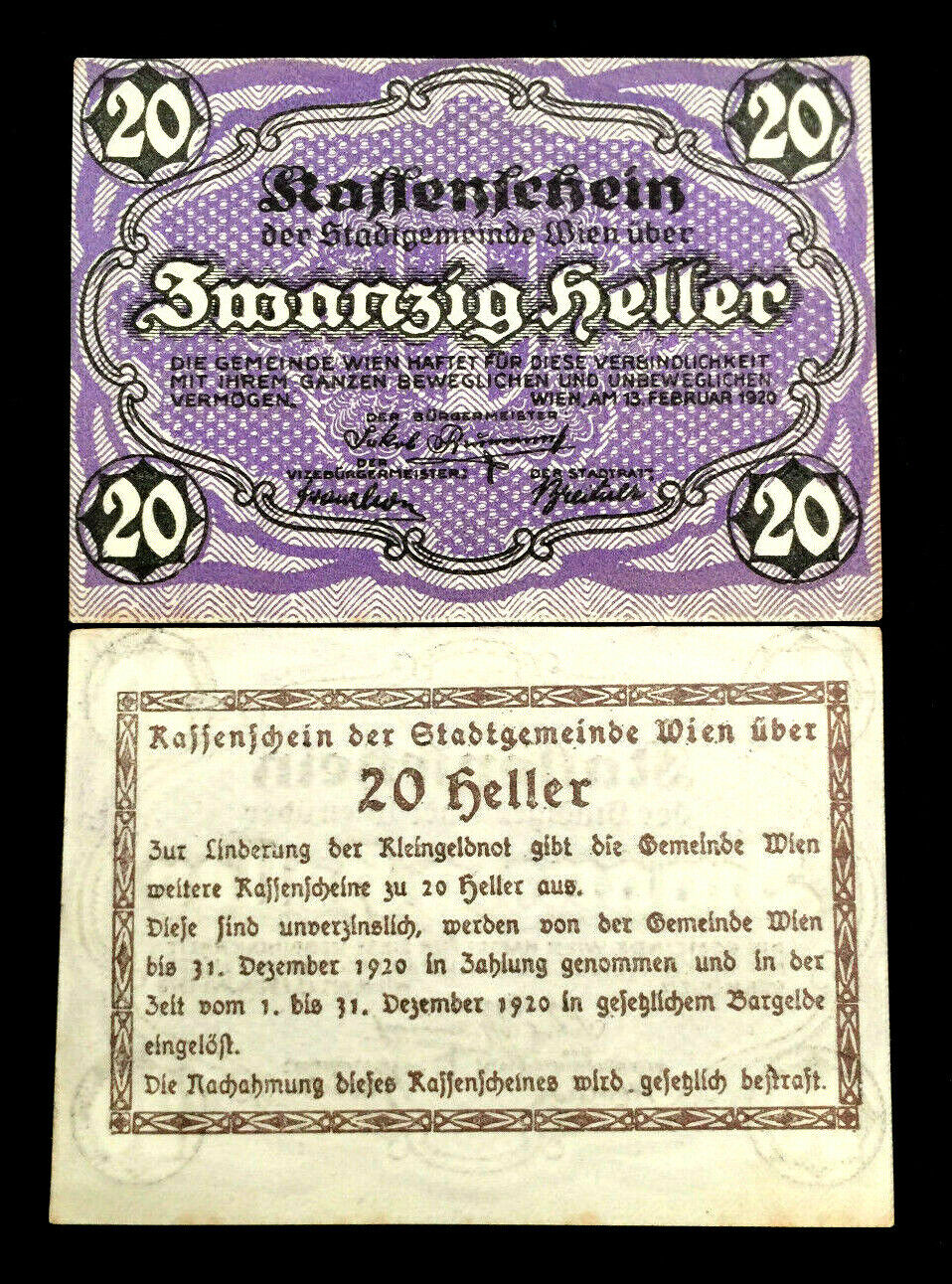 Austria 20 Heller 1920 Regional Issue Vienna World Paper Money UNC - 100 Yrs Old