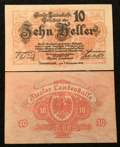 Austria 10 Heller 1919 P-139 World Paper Money AUNC - 100 Yrs Old - Collectors Couch