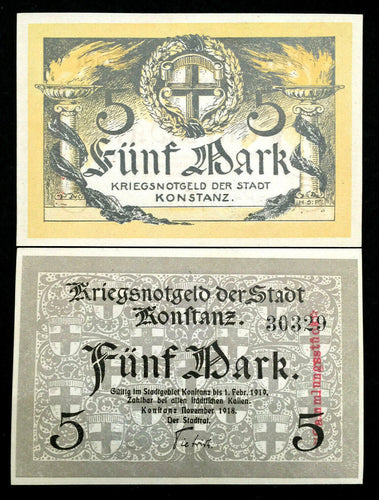 Germany PCONSTANZ 5 Mark Notgeld Issue 1918 Issue - 102 Years Old UNC - Collectors Couch