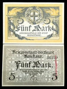 Germany PCONSTANZ 5 Mark Notgeld Issue 1918 Issue - 102 Years Old UNC - Collectors Couch