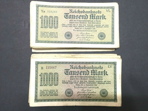 German Rare Authentic Lot of 10 1000 Mark Bills - Historical Artifacts. - Collectors Couch