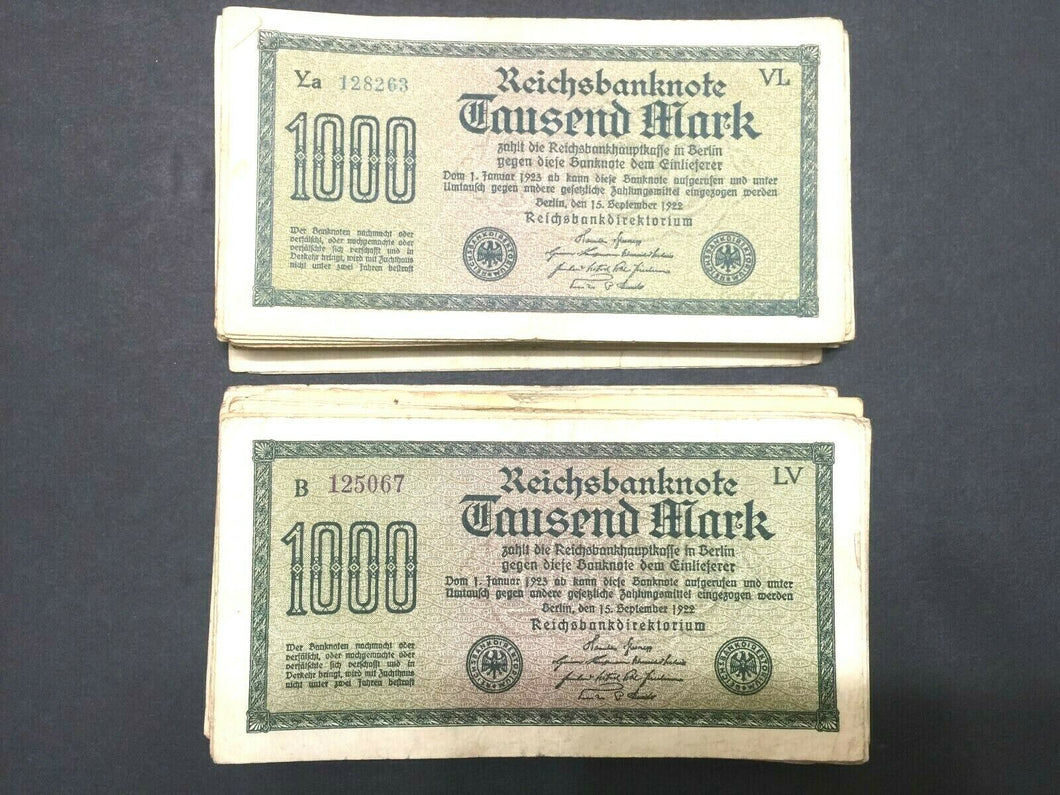 German Rare Authentic Lot of 10 1000 Mark Bills - Historical Artifacts.