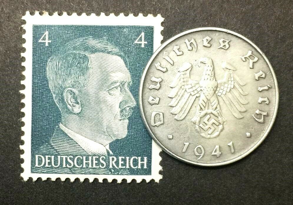 WW2 German 10 Reichspfennig Coins with Rare & Unused Stamp Historical Artifacts - Collectors Couch