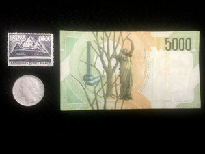 Antique Italy Collection - Used 5000 Lire Bill, 500 Lire Coin & New Stamp - Collectors Couch