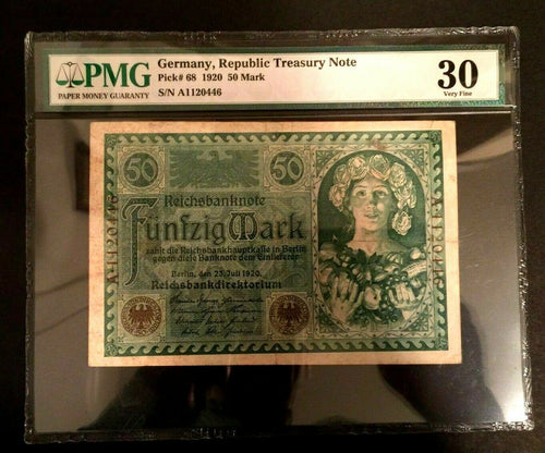 Antique Rare Historical 50 German Mark 1920 - PMG Certified  Very Fine - WW1 Era
