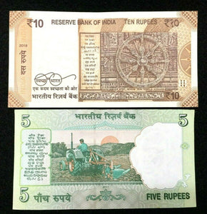 India 5 and 10 Rupees GANDHI Banknote World Paper Money UNC Currency Bills Note
