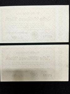 Germany 2 10000000 Mark 1923 Bills - Uncirculated -Consecutive Numbers - Collectors Couch
