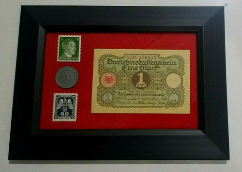 German WW2 Rare 10 Rp Coin wth  Stamps 1 Mark Bill in Disp frame - Collectors Couch