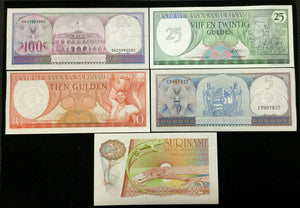 Suriname 100,25,10,5,21/2 Gulden Banknote Set World Paper Money UNC Currency