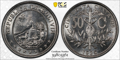 BOLIVIA 50 CENTS 1939 PCGS MS65 - Collectors Couch