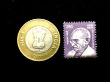 Load image into Gallery viewer, India 10 Rupee Gandhi New Bill, Unused Gandhi Stamp, and Used 10 Rs Coin