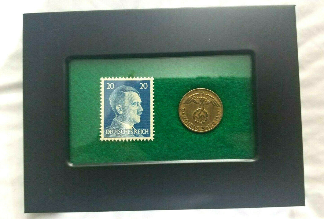 German WW2 Rare 5 Rp Coin and Stamp in a Secure Metal Black Disp Frame