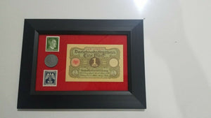 German WW2 Rare 10 Rp Coin wth  Stamps 1 Mark Bill in Disp frame