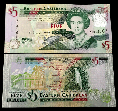 East Caribbean States 5 Dollars 2008 P47 Banknote World Paper Money UNC Currency - Collectors Couch