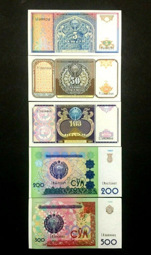 UZBEKISTAN 5-50-100-200-500 SUM Banknote World Paper Money UNC Currency Bills - Collectors Couch