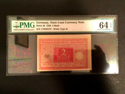 Antique Rare Historical 2 German Mark 1920 -  PMG Certified UNC EPQ - WW1 Era - Collectors Couch