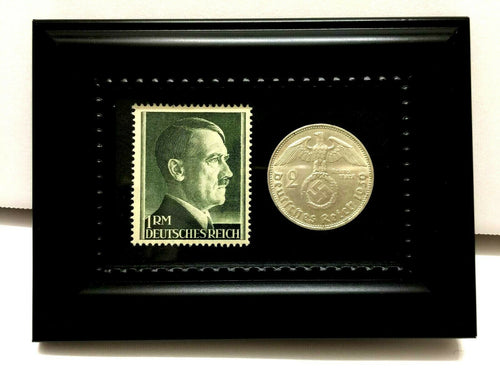 German WW2 Rare 2 Mark Silver Coin and Stamp in a Secure Black Display Frame - Collectors Couch