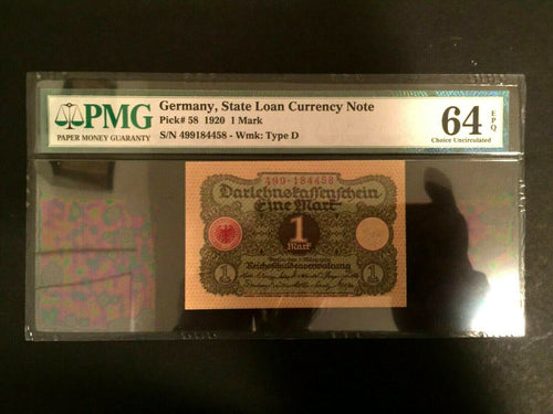 Antique Rare Historical 1 German Mark 1920 -  PMG Certified UNC EPQ -  WW1 Era - Collectors Couch