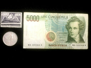Antique Italy Collection - Used 5000 Lire Bill, 500 Lire Coin & New Stamp - Collectors Couch
