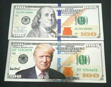Load image into Gallery viewer, Silver Plated $100 Dollar Bill with Trump $100 Bill Green Seal TWO SIDED Printed