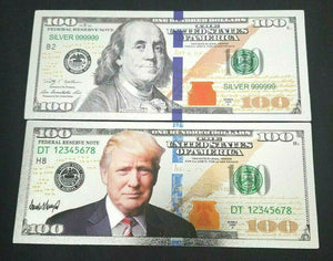 Silver Plated $100 Dollar Bill with Trump $100 Bill Green Seal TWO SIDED Printed