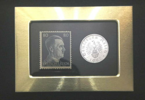 German WW2 Rare 50 Rp Coin with & Stamp in a Secure Metal Disp Frame - Collectors Couch