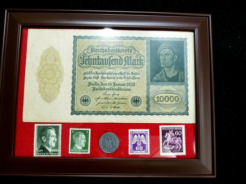 Rare WW2 German10 Rp Coin & Stamps & 10000 Mark Bill - Historical Artifact - Collectors Couch