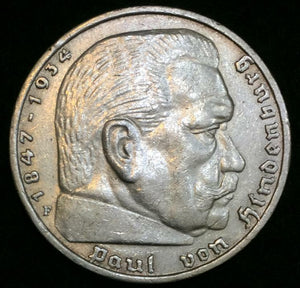German WW2 LARGE  BIG Rare 5 Reichsmark Genuine SILVER Coin with BIG Eagle