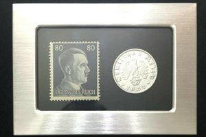 Rare WW2 German Rare 50 Rp Coin &  Stamp in Secure Metal Display Frame