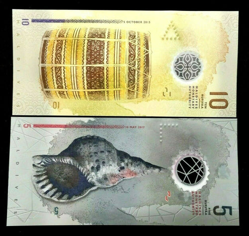 Maldives 2 Pcs SET, 5 10 Rufiyaa 2015 2017, UNC , POLYMER , P-New Design - Collectors Couch
