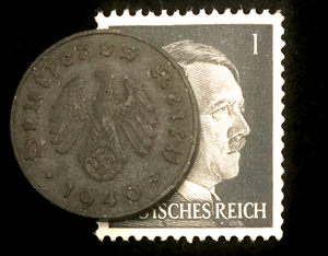 Rare Nazi Third Reich 10 Reichspfennig Coin with Swastika & Rare Uncirculated Stamp - WWII Artifacts